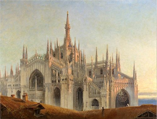 Italian:  Quasi aurora consurgens – il Duomo. Veduta generale esterna da oriente Quasi aurora consurgens – the Cathedral. General exterior view from the east — Atmospheric Perspective