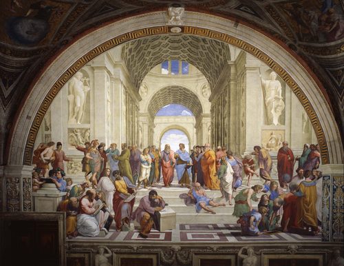 Stanza della Segnatura im Vatikan für Papst Julius II., Wandfresko: Die Schule von Athen — Balance
