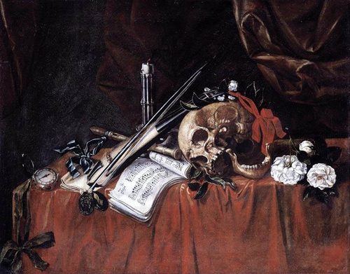 Vanitas Still life with skull, musical instruments, flowers and watch — Juxtaposition