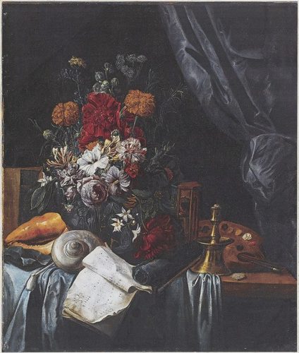 Vanitas still life with flowers, an hourglass, conch shell, a palette and brushes — Juxtaposition