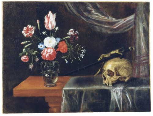 Still life of a vase of flowers, a skull and a crucifix — Juxtaposition