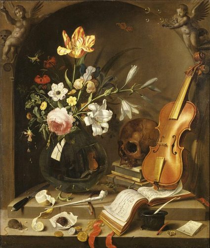 German:  Vanitas-Stillleben Vanitas still life with a vase of flowers, a violin and a skull, in a niche — Juxtaposition