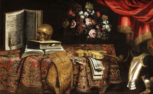 German:  Vanitas-Stillleben mit Violine, Notenbuch, Blumenvase und SchädelVanitas-Still Life with Violin, Score, Flower Vase and a Skull — Juxtaposition