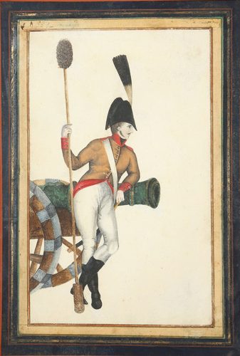 A tinted drawing of a Russian field artillery sub-officer with cannon, Iran, late 18th - early 19th century — Neutral Colors