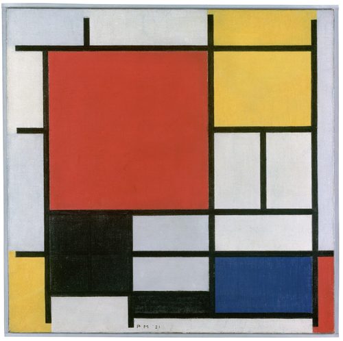 Dutch:  Compositie met groot rood vlak, geel, zwart, grijs en blauw Composition with Large Red Plane, Yellow, Black, Grey and Blue — Primary Colors