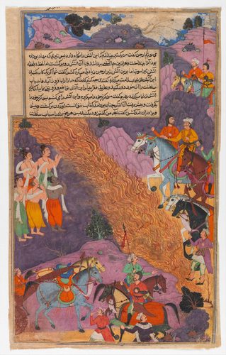 'Asvatthama Fires the Narayana Weapon (Cosmic Fire) at the Pandavas', Folio from a Razmnama, ca. 1616-17, The Metropolitan Museum of Art 1 — Tension